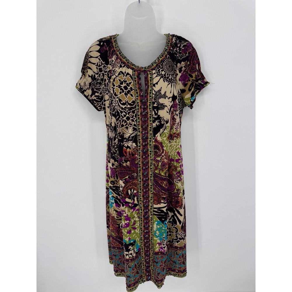 ICE Sheath Dress Women 10 Paisley Floral Beaded Mixed Print Boho Statement